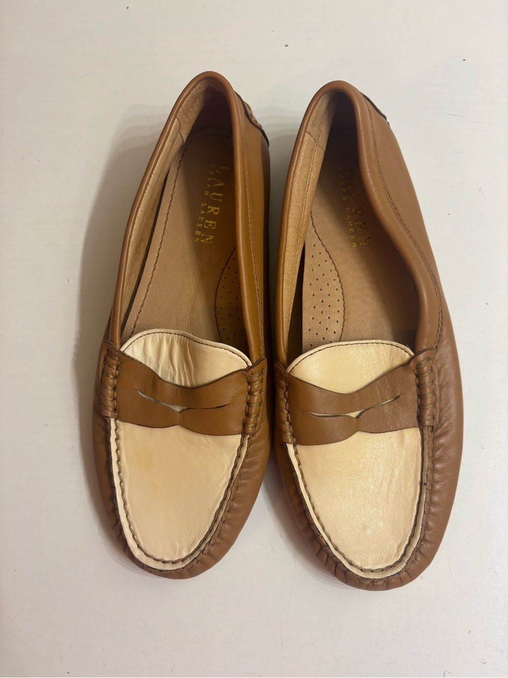 RALPH LAUREN Two-Tone Tan & Cream Leather Penny Loafers - Women